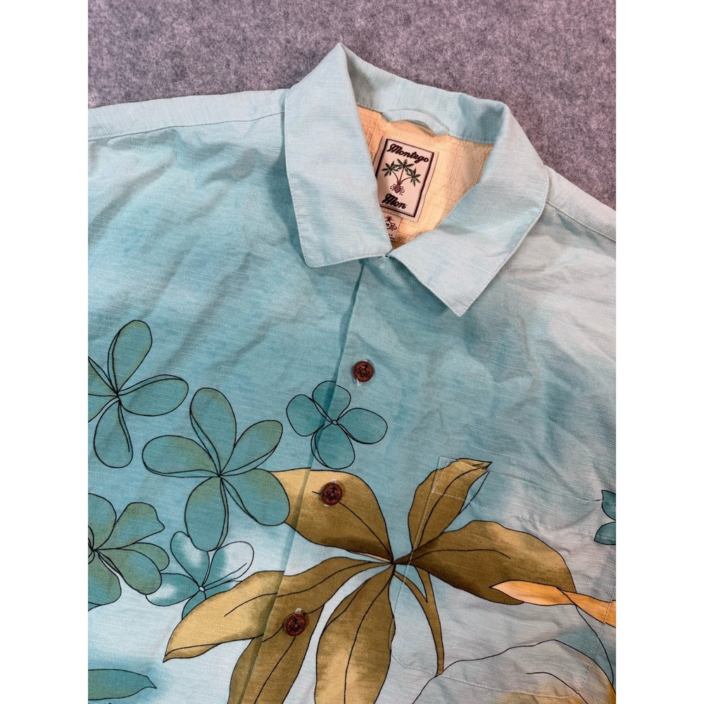 Montego Mon Mens Silk Hawaiian Shirt Blue Floral Tropical Camp Button Up Medium